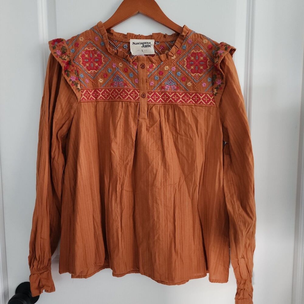 Savanna Jane Embroidered Long Sleeve Top Size L Tan Ruffle Sleeve Boho Gauze